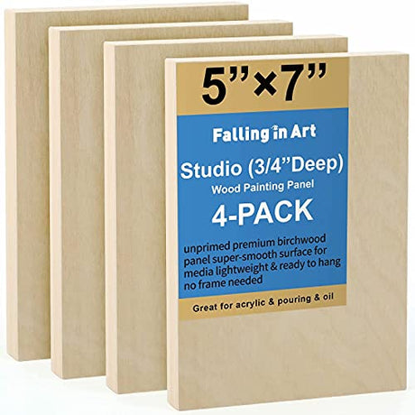 Falling in Art Unfinished Birch Wood Canvas Panels Kit, Falling in Art 4 Pack of 5x7’’ Studio 3/4’’ Deep Cradle Boards for Pouring Art, Crafts, Falling in Art