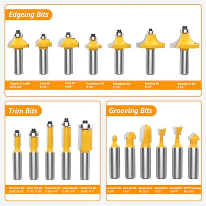 Newdeli 35 Pcs Tungsten Carbide Tipped Router Bit Set 1/2 Inch Shank for Woodworking Beginners and Commercial Users with Aluminum Alloy Storage Box - WoodArtSupply