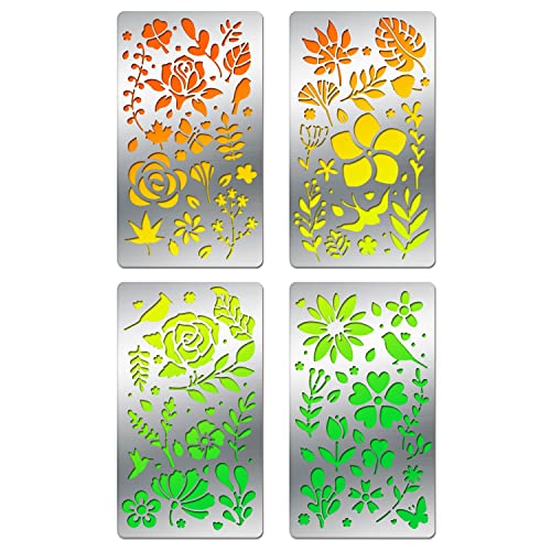 BENECREAT 4PCS 4x7 Inch Flower Grass Pattern Metal Stencils, Nature Theme Butterfly Bird Stencil Template for Wood Carving, Drawings and Woodburning, BENECREAT