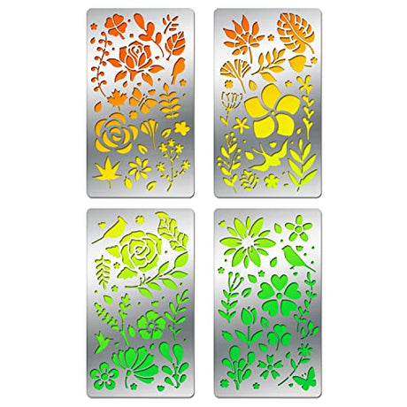 BENECREAT 4PCS 4x7 Inch Flower Grass Pattern Metal Stencils, Nature Theme Butterfly Bird Stencil Template for Wood Carving, Drawings and Woodburning, BENECREAT