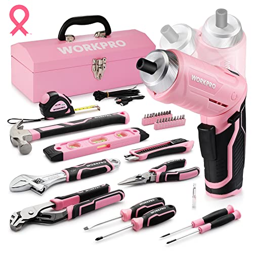WORKPRO 75-Piece Pink Tools Set, 3.7V Rotatable Cordless Screwdriver and Household Tool Kit, Basic Tool Set with 13'' Portable Steel Tool Box for