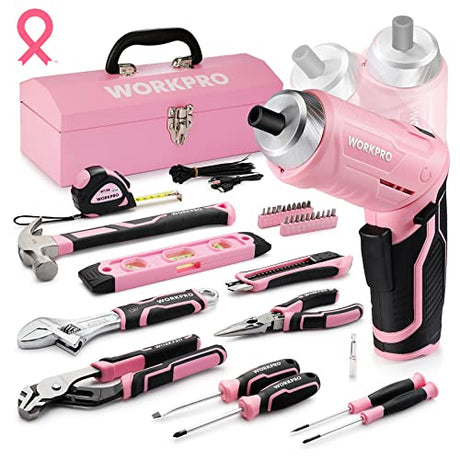 WORKPRO 75-Piece Pink Tools Set, 3.7V Rotatable Cordless Screwdriver and Household Tool Kit, Basic Tool Set with 13'' Portable Steel Tool Box for WORKPRO