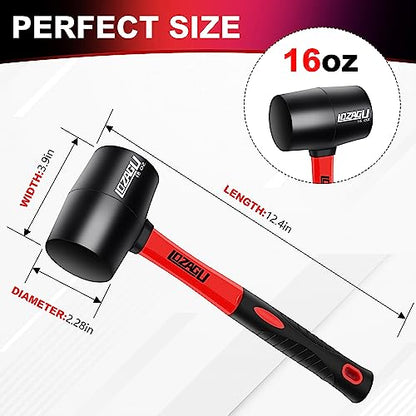 LOZAGU 2-Pack Rubber Mallet Hammer 8oz and 16oz, Fiberglass Handle, Rubber Mallet for Flooring, Tent Stakes, Woodworking, Camping, Soft Blow Tasks