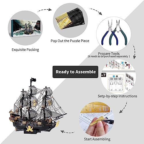 Piececool 3D Metal Puzzles for Adults, Black Pearl Pirate Ship Model Kits with DIY Tools, Watercraft Metal Model Building Kit for Birthday - WoodArtSupply