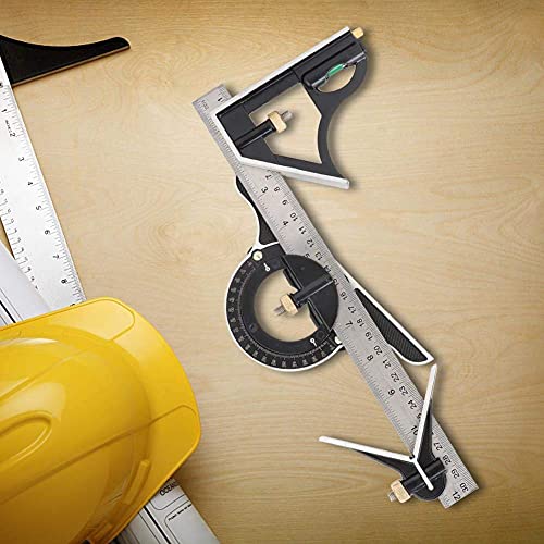 Fafeicy Stainless Steel T Square Ruler Adjustable Sliding Combination Square Ruler & Protractor Level Measure Measuring Tool 4-Piece 4R Combination Fafeicy