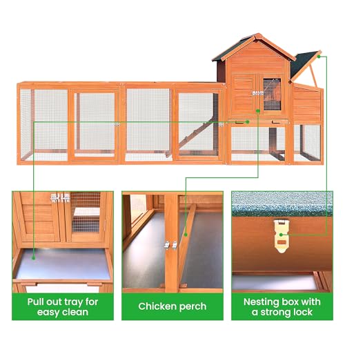 RUNVA 122''Chicken Coop with Nest Box - Poultry Cage with Removable Tray, Wooden Chicken Coop for 6 Chickens with Waterproof Roof & Ramp Play for RUNVA