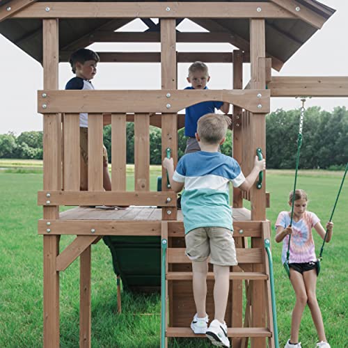 Backyard Discovery Lightning Ridge All Cedar Wooden Swing Set, Raised Clubhouse, 2 Belt Swings, 10 Inch Wave Slide, Ladder, Climbing Rock Wall Brown - WoodArtSupply