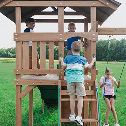 Backyard Discovery Lightning Ridge All Cedar Wooden Swing Set, Raised Clubhouse, 2 Belt Swings, 10 Inch Wave Slide, Ladder, Climbing Rock Wall Brown - WoodArtSupply