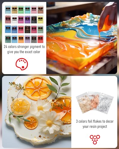 Smallbudi 1 Gallon Epoxy Resin Kit for Beginners, Resin Kit with 24 Mica Powder, Foil Flakes, Measuring Cups, Sticks - Resin Epoxy for Casting, Smallbudi