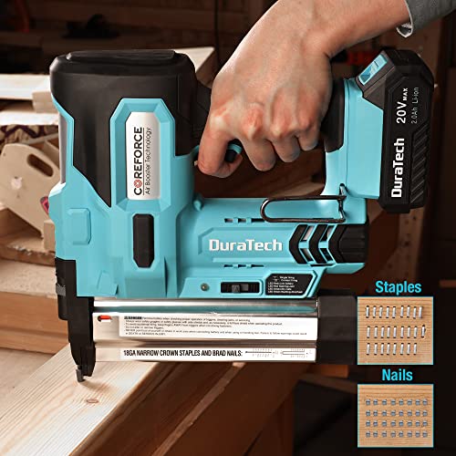 DURATECH 20V Cordless Brad Nailer, 18 Gauge, 2-in-1 Nail/Staple Gun for Upholstery, Carpentry, Including 2.0Ah Rechargeable Battery, 1H Quick DURATECH