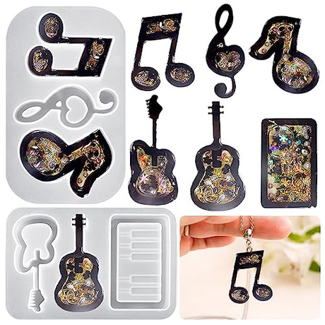 DeryArcle 2pcs Musical Instrument Shape Keychain Resin Mold,Music Note Quicksand Pendant Silicone Molds,Shaker Epoxy Resin Mould for DIY Casting DeryArcle