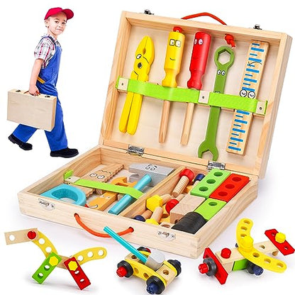 Wooden Tool Set for 2 3 4 5 6 Year Old Boy Girl 35 Pcs Montessori Tool Kit Box Toys Toddler Age 1-3 3-5 Educational STEM Autism Building Construction
