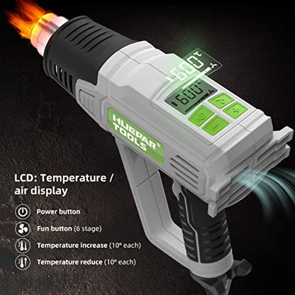 Heat Gun, Huepar Tools Fast Hot Air Gun with LCD Digital Display, 122℉-1112℉ (600℃) Temperature & Air Flow Adjustable, 12.5A, Overload Protection for