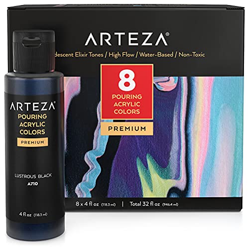 ARTEZA Iridescent Acrylic Paint, Set of 8, Elixir Tones, 4 fl oz Bottles, High-Flow Pouring Paint, Art Supplies for Canvas, Glass, Wood, Ceramics, ARTEZA