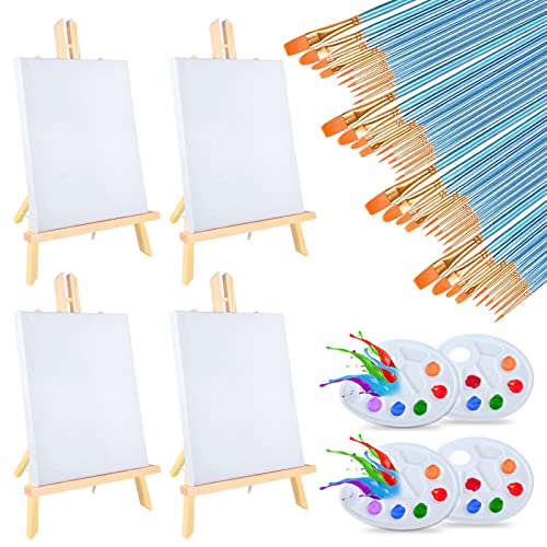 Easel & Canvas Sets 52 Pcs Painting Supplies(4 PCS Easels+4 PCS Canvases+ 40 PCS Brushes+4 PCS Palettes)16 Inch Tabletop Easel Wooden Art Easel for ZaHi