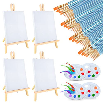 Easel & Canvas Sets 52 Pcs Painting Supplies(4 PCS Easels+4 PCS Canvases+ 40 PCS Brushes+4 PCS Palettes)16 Inch Tabletop Easel Wooden Art Easel for
