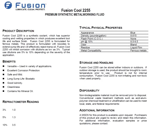 Mist Coolant for Metal Cutting Applications | Fusion Cool 2255 | Premium Synthetic Metalworking Fluid (1 Gallon) - WoodArtSupply