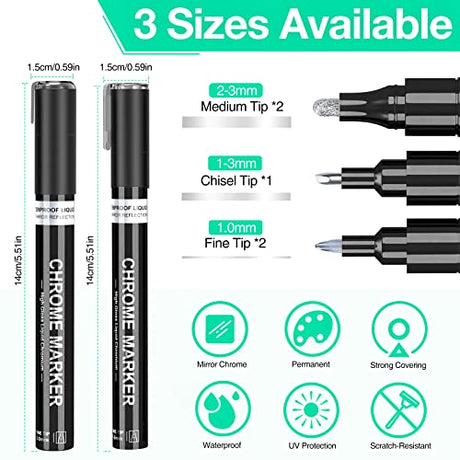KERIFI Silver Liquid Chrome Mirror Markers Oil-Based Permanent Art Liquid Chrome Marker Set, Reflective Gloss Metallic Mirror Marker, Repair Paint KERIFI