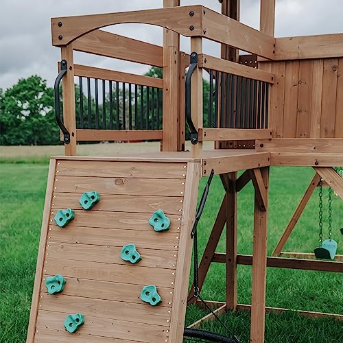 Backyard Discovery Sterling Point All Cedar Wooden Swing Set, Raised Clubhouse, Grey Wave Slide, Web Swing, Climbing Wall, 10ft Wave Slide, 2 Belt Backyard Discovery