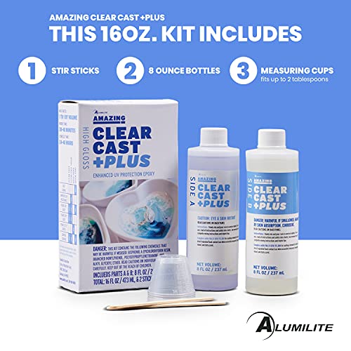 Alumilite Amazing Clear Cast Plus [8 oz A + 8 oz B (16 Ounces) 2 Part Kit] UV Resistant Plastic Coating & Casting Epoxy Resin for Countertops, Cups, - WoodArtSupply