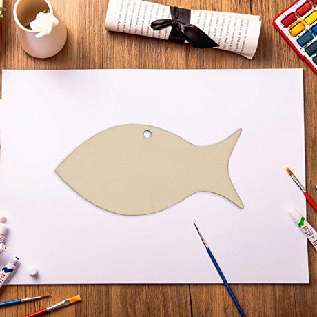 JANOU 20pcs Fish Shape Unfinished Wood Cutouts DIY Crafts Blank Hanging Gift Tags Ornaments with Ropes for Summer Ocean Sea Theme Party Decoration, JANOU