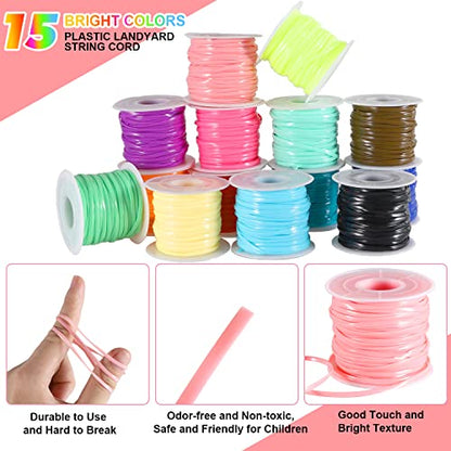 KAMJUNTAR Lanyard String,15 Rolls Gimp String Plastic Lacing Cord Plastic String Lanyard Kit for Friendship Bracelets Jewelry Making DIY Craft