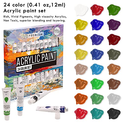 Kalour Acrylic Paint Set 56 pcs,Painting Supplies with 24 Acrylic Paint,16 Sheets Acrylic Pad,Painting Brushes,Canvas,Palette,Easel - Art Craft KALOUR