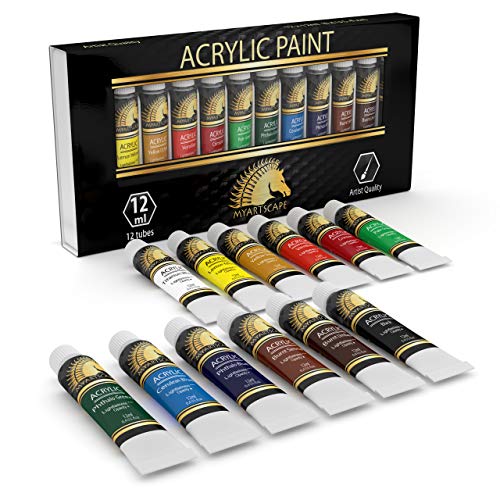 MyArtscape Artist Quality Painting Set - Acrylic Paint Set - 12 x 12ml Tubes - with Premium Set of 15 Short Handle Art Brushes for Watercolor, MyArtscape