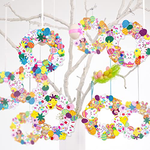 Whaline 12 Sets Easter Foam Stickers Easter Wreath Signs with 400Pcs Cute Bunny Egg Stickers, Rhinestone Sticker, 100Pcs Pom Balls and Yellow Ribbons - WoodArtSupply