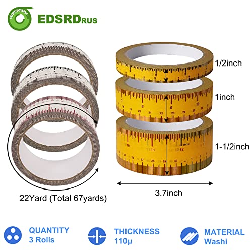 EDSRDRUS 3 Rolls Ruler Tape 1/2, 1, 1-1/2 Inch Repeating 12inch No Gap Color Imprint, No Residue Masking Tape Measure for Painting, Woodworking, EDSRDRUS