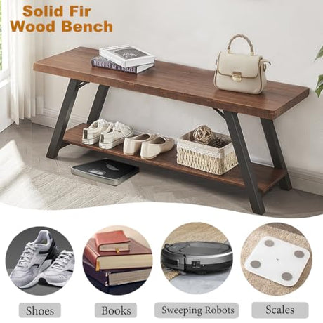 IBF Solid Wood Entryway Bench, Natural Real Wood Storage Bench, Farmhouse Wooden Shoe Bench in Entry Way Hallway Foyer Rack, Bedroom Bench Seat for IBF