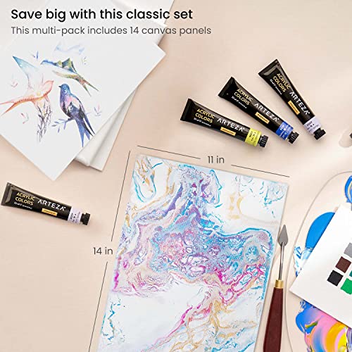 ARTEZA Canvases for Painting, Pack of 14, 11 x 14 Inches, Blank White Canvas Panels, 100% Cotton, 8 oz Gesso-Primed, Art Supplies for Acrylic Pouring ARTEZA