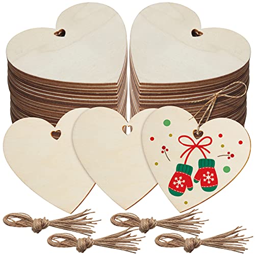 Qfeley 60 Pieces Large Wooden Hearts with Holes 3.15inch Wood Heart Ornaments Wooden Heart Cutouts Wooden Love Heart Shape Slices Blank Wood Heart