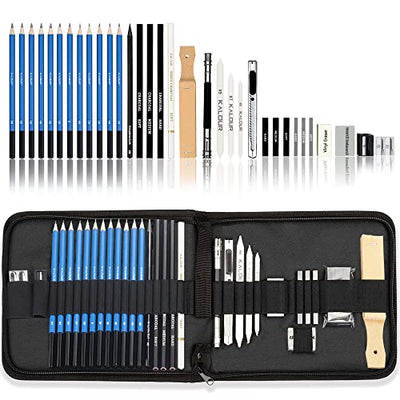 KALOUR 33 Pieces Pro Drawing Kit Sketching Pencils Set,Portable Zippered Travel Case-Charcoal Pencils, Sketch Pencils, Charcoal