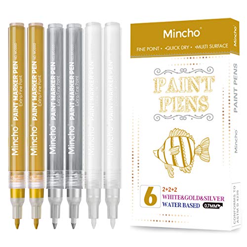 White Paint Pen, 0.7mm Acrylic 2 White, 2 Gold, 2 Silver Permanent Marker Pens for Wood Rock Plastic Leather Glass Stone Metal Canvas Ceramic Marker - WoodArtSupply