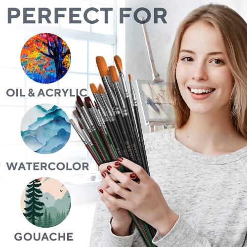 40 Pieces Professional Artist Paint Brush Set with Storage Case - Includes Round and Flat Art Brushes with Hog, Pony, Nylon Hair Bristles - Perfect Benicci