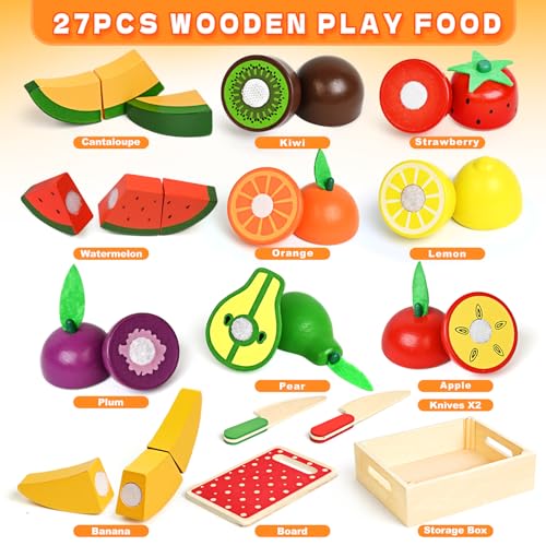 BAODLON Wooden Play Food for Kids Kitchen - Wooden Cutting Fruit Set for Toddler, Multi-Pretend Play Fake Food Kitchen Accessory with Cutting Board,