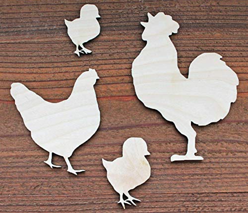 Set of 4 Rooster 1/8" thick Hen Chicks Chickens Unfinished Wood Laser Cut Out Crafts Farmhouse Sign DIY Ready to Paint or Stain Texan Wood Crafts