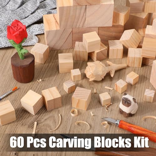 Poen 60 Pcs Wooden Blocks 0.6 Inch 1 Inch 2 Inch Unfinished Wooden Cubes Square Assorted Sizes Carving Natural Wood Blocks for Crafting for Arts