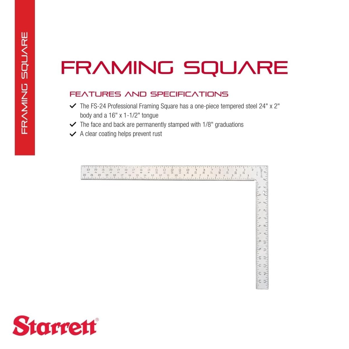 Starrett FS-24 Steel Professional Framing Square, 24 Inch x 16 Inch Length Starrett