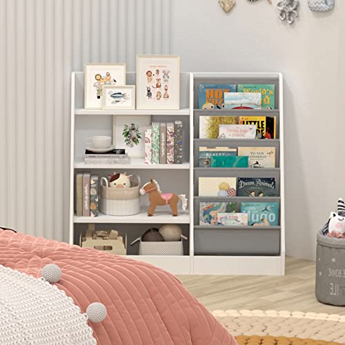 White 4-Tier Kids Wooden Bookshelf with Five Sling Pockets for Toys and Books Storage HedoAjim