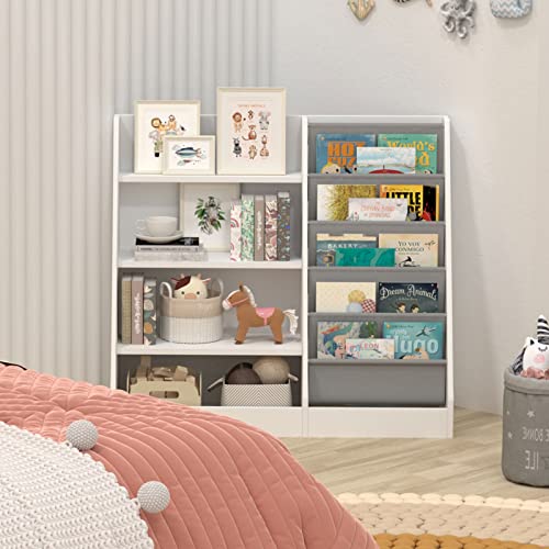 White 4 Tier Kids Wooden Bookshelf, Five Layer Sling Bookcase, Kids Storage Book Rack, Book and Toy Organizer Cabinet, Book Display, for Playroom,