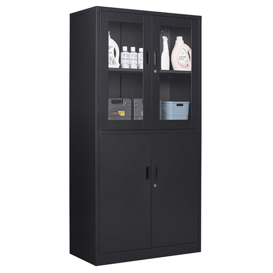 Anxxsu Black Metal Storage Cabinet with Glass Doors, 71" Locking Glass Door Cabinet with 2 Adjustable Shelves, Steel Storage Cabinet with 4 Doors for