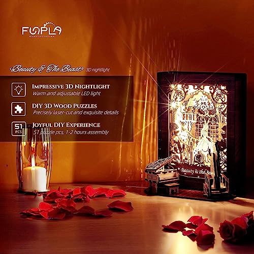 Beauty and the Beast 3D Puzzle Nightlight by FUNPOLA – LED Wood Storybook Decor for All Ages FUNPOLA