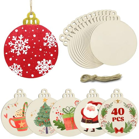 Hidreas 40 Pcs Unfinished Wood Ornaments DIY Round Wooden Ornaments Christmas Crafts Kit, Round Wood Christmas Ornaments for Crafts and Christmas Hidreas
