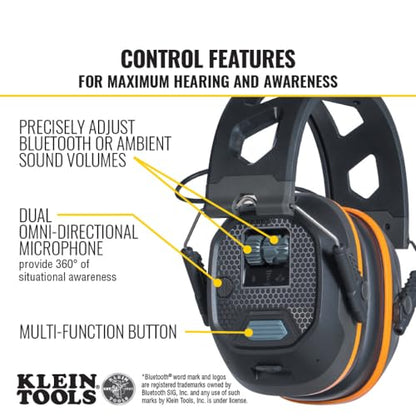 Klein Tools AESEM1S Smart Sense Electronic Hearing Protection Safety Earmuff with Bluetooth & Situational Awareness, NRR 23dB, 25hr Runtime - WoodArtSupply