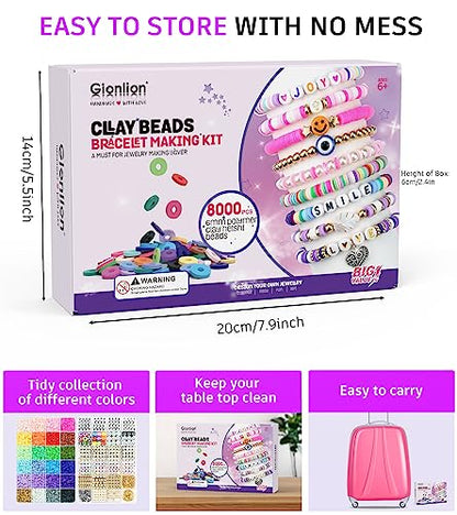 Gionlion Clay Beads Bracelet Making Kit, 8000PCS Preppy Clay Beads Letter Beads Spacer Beads and Charms Kit for Friendship Jewelry Making, Crafts