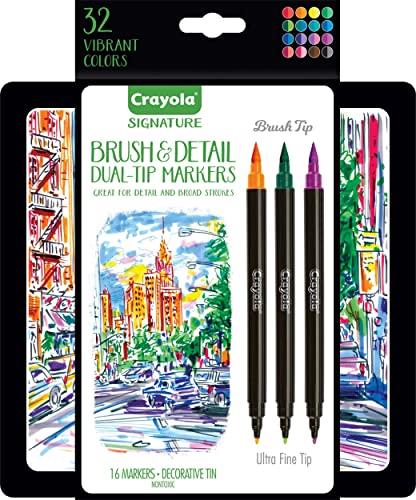 Crayola Brush & Detail Dual Tip Marker Set (32ct), Adult Coloring Markers, Gifts for Teens & Adults