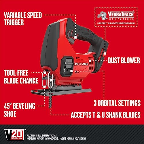 CRAFTSMAN V20 Cordless Jig Saw, 3 Orbital Settings, Up to 2,500 SPM, Bare Tool Only (CMCS600B) - WoodArtSupply