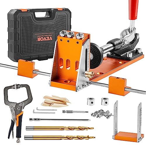 VEVOR Pocket Hole Jig Kit, 34 Pcs Pocket Hole Jig System with 11" C-clamp, Fixture, Step Drills, Wrenches, Drill Stop Rings, Square Drive Bits, VEVOR